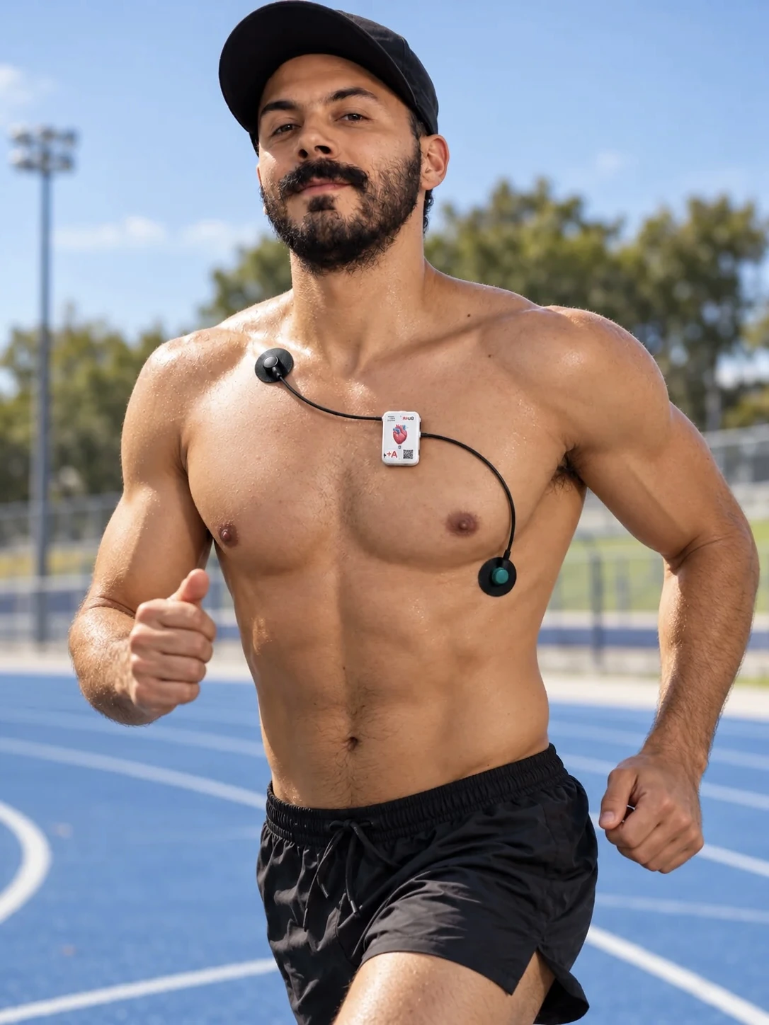 Corredor sobre una pista azul usando un electrocardiógrafo GuiAR