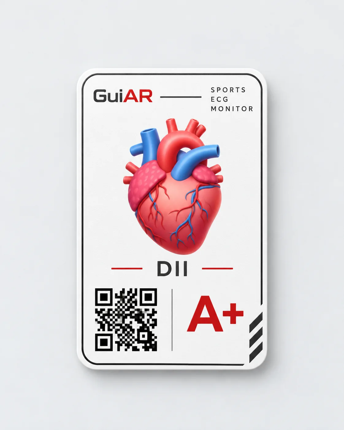 Concepto del tag QR GuiAR con corazón, DII y grupo sanguíneo A positivo